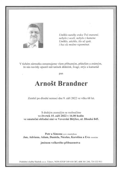 Smuteční oznámení – Arnošt Brandner