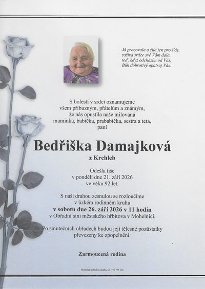 Smuteční oznámení – Bedřiška Damajková
