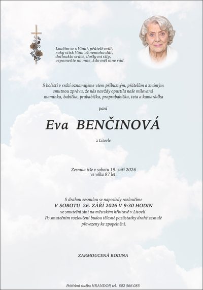 Smuteční oznámení – BENČINOVÁ Benčinová