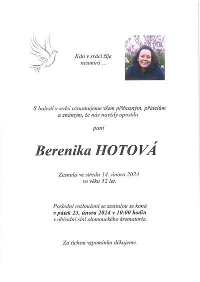 Smuteční oznámení – Berenika Hotová