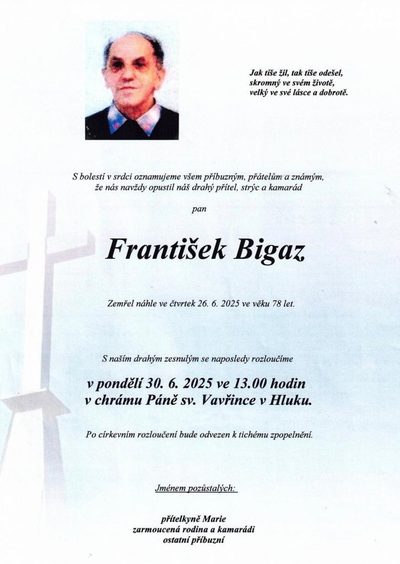 Smuteční oznámení – Bigaz Frantisek