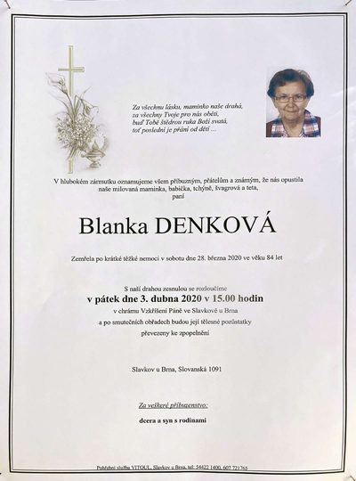Smuteční oznámení – Blanka Denková