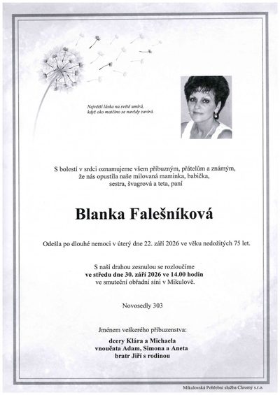 Smuteční oznámení – Blanka Falešníková