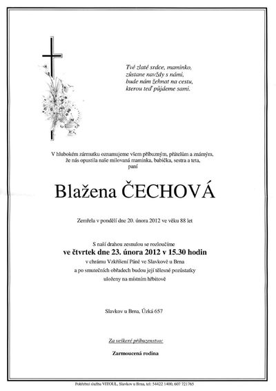 Smuteční oznámení – Blažena Čechová