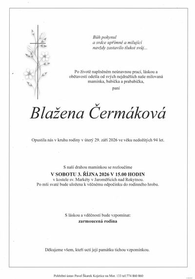 Smuteční oznámení – Blažena Čermáková