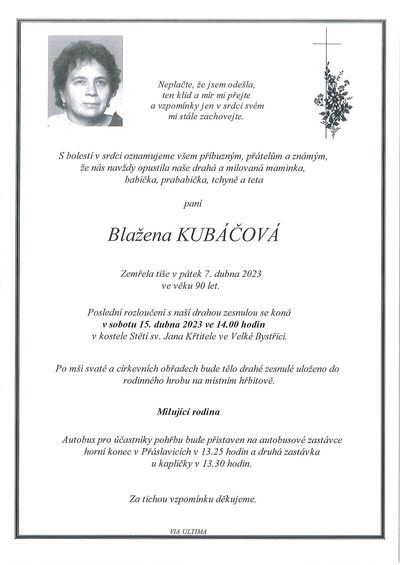 Smuteční oznámení – JUDr. Blažena Kubáčová
