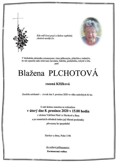 Smuteční oznámení – Blažena Plchotová