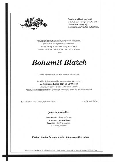 Smuteční oznámení – Bohumil Blažek