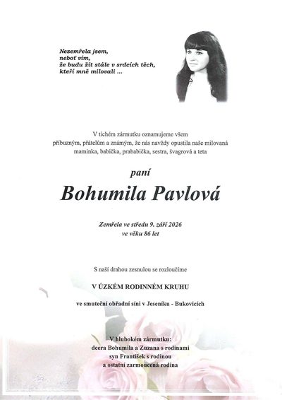 Smuteční oznámení – Bohumila Pavlová