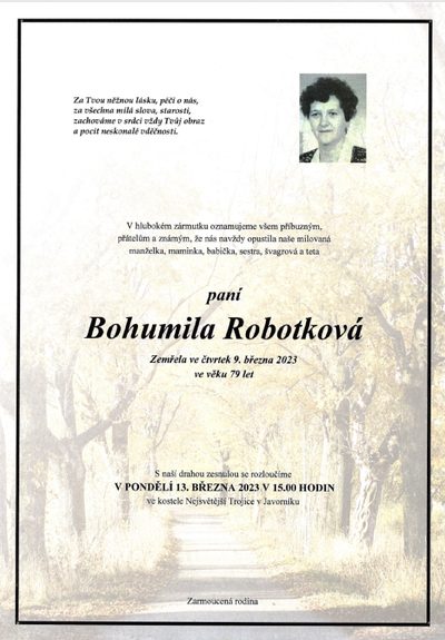 Smuteční oznámení – Bohumila Robotková