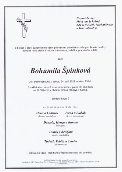 Smuteční oznámení – Bohumila Špinková