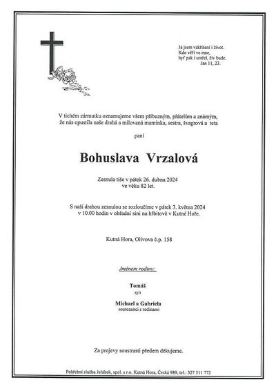 Smuteční oznámení – Bohumila Vrzalova