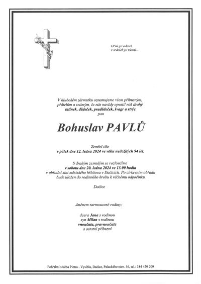Smuteční oznámení – Bohuslav Pavlů