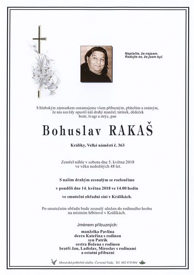 Smuteční oznámení – Bohuslav Rakaš