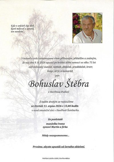 Smuteční oznámení – Bohuslav Štěbra