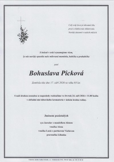 Smuteční oznámení – Bohuslava Picková