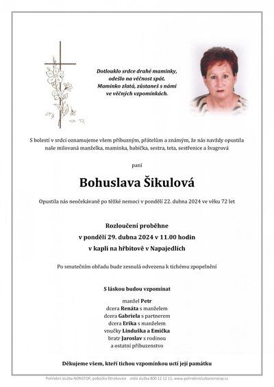 Smuteční oznámení – Bohuslava Šikulová