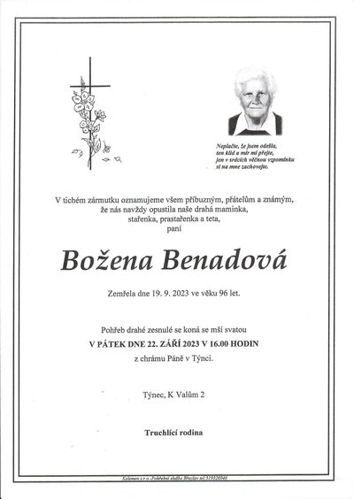 Smuteční oznámení – Božena Benadová