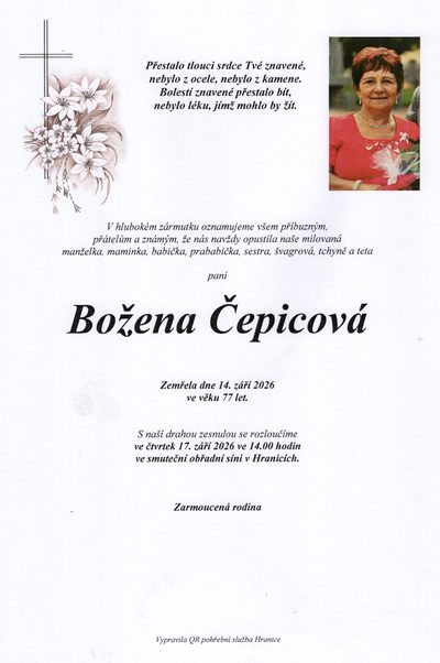 Smuteční oznámení – Božena Čepicová