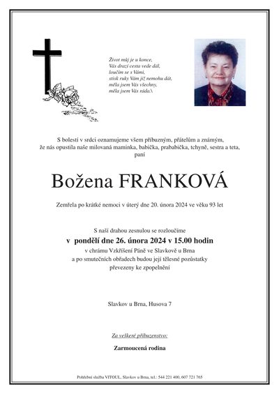 Smuteční oznámení – Božena Franková