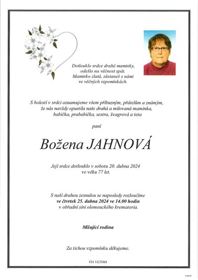 Smuteční oznámení – Božena Jahnová