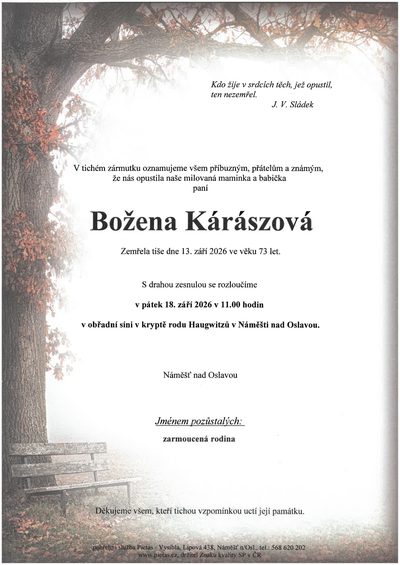 Smuteční oznámení – Božena Kárászová