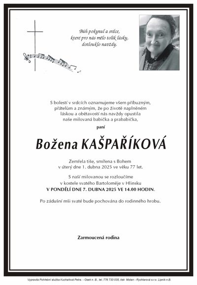 Smuteční oznámení – Božena Kašpaříková
