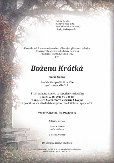 Smuteční oznámení – Božena Krátká