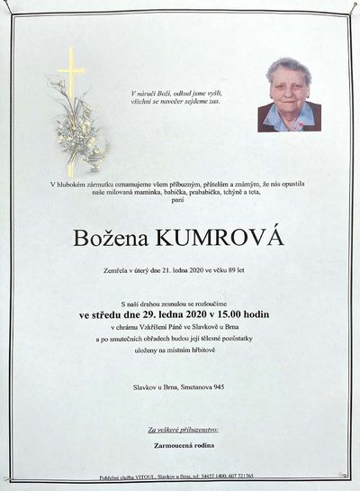Smuteční oznámení – Božena Kumrová