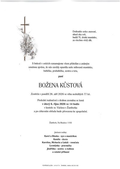 Smuteční oznámení – Božena Kůstová