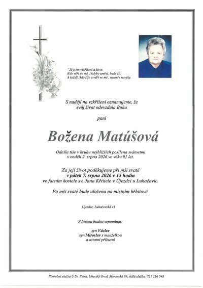 Smuteční oznámení – Božena Matúšová