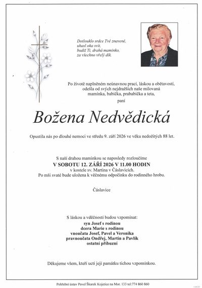 Smuteční oznámení – Božena Nedvědická