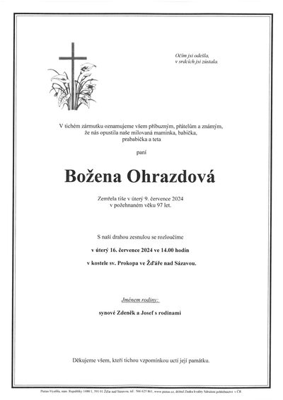 Smuteční oznámení – Božena Ohrazdová