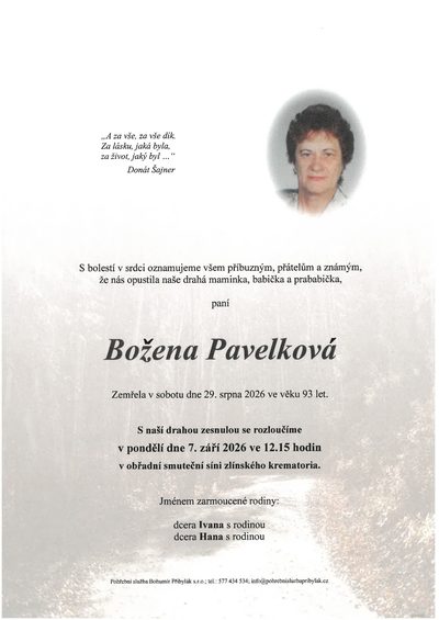 Smuteční oznámení – Božena Pavelková