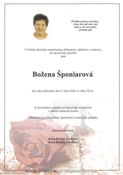 Smuteční oznámení – Božena Šponiarová