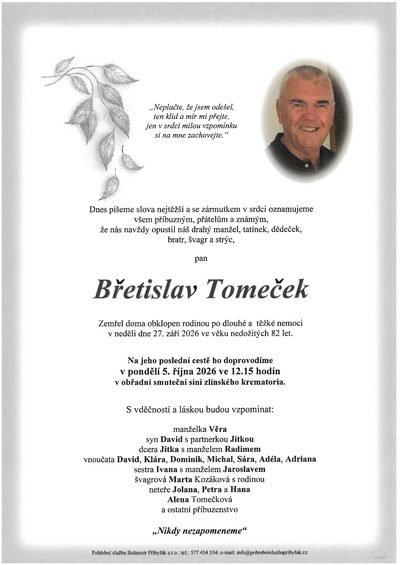 Smuteční oznámení – Břetislav Tomeček