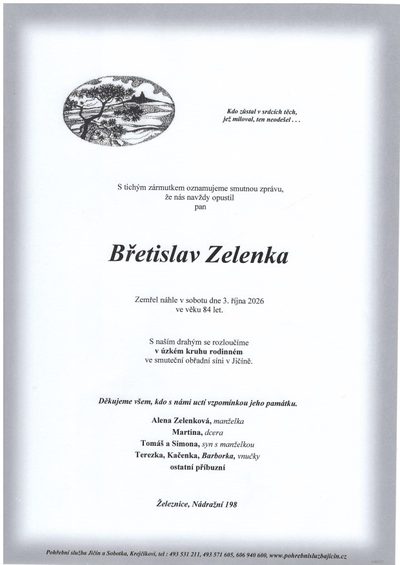 Smuteční oznámení – Břetislav Zelenka