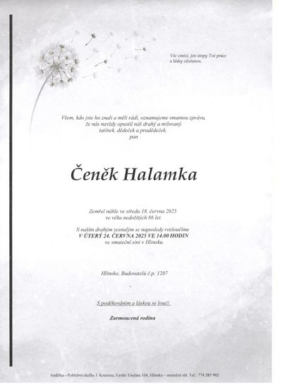 Smuteční oznámení – Čeněk Halamka
