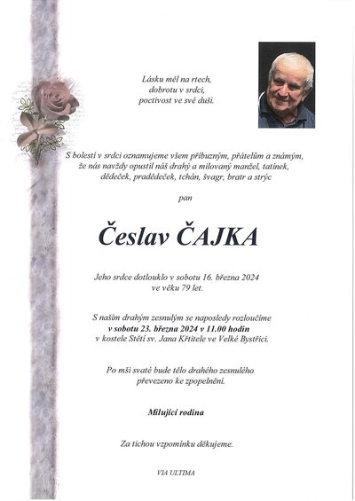 Smuteční oznámení – Česlav Čajka