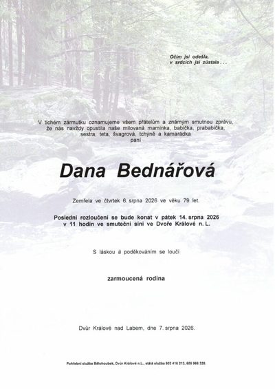 Smuteční oznámení – Dana Bednarova