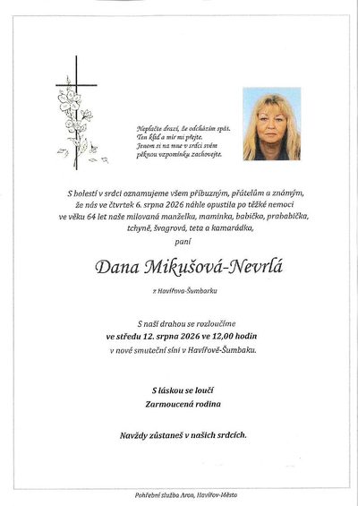 Smuteční oznámení – Dana Mikušová-Nevrlá