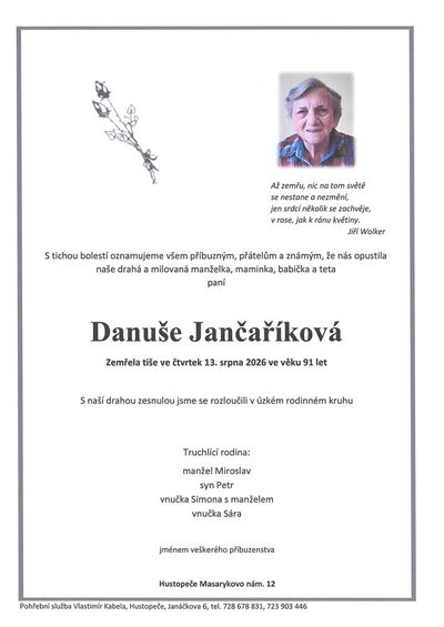 Smuteční oznámení – Danuše Jančaříková