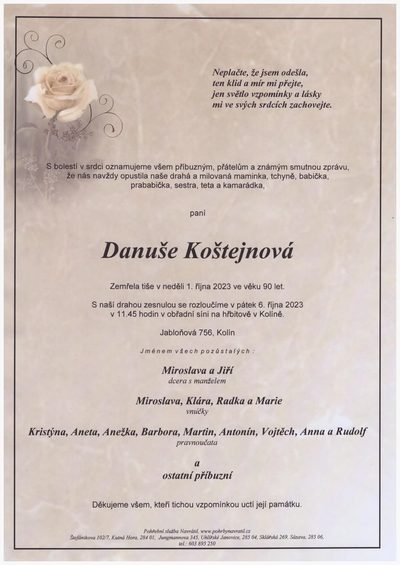 Smuteční oznámení – Danuše Koštejnová