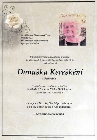 Smuteční oznámení – Danuska Kereskeni