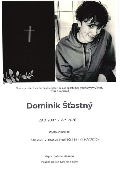 Smuteční oznámení – Dominik Šťastný