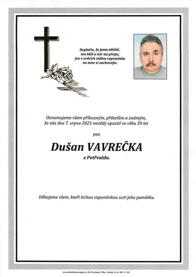 Smuteční oznámení – Dušan Vavrečka