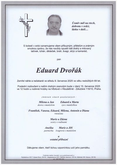 Smuteční oznámení – Eduard Dvořák