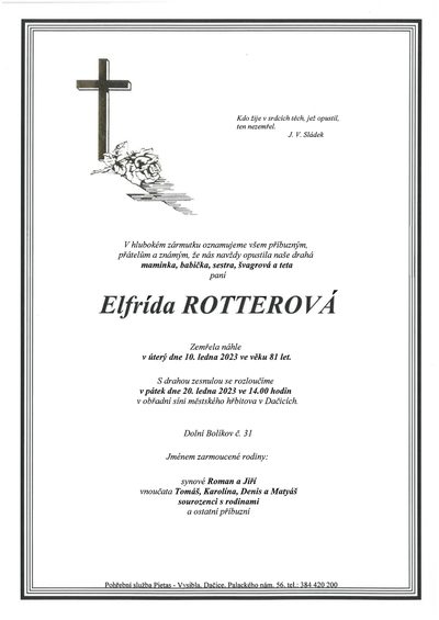 Smuteční oznámení – Elfrída Rotterová