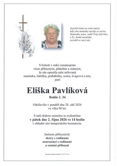 Smuteční oznámení – Eliška Pavlíková