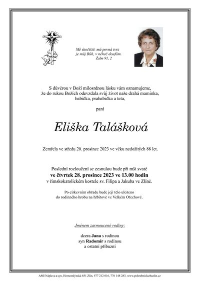 Smuteční oznámení – Eliška Talášková